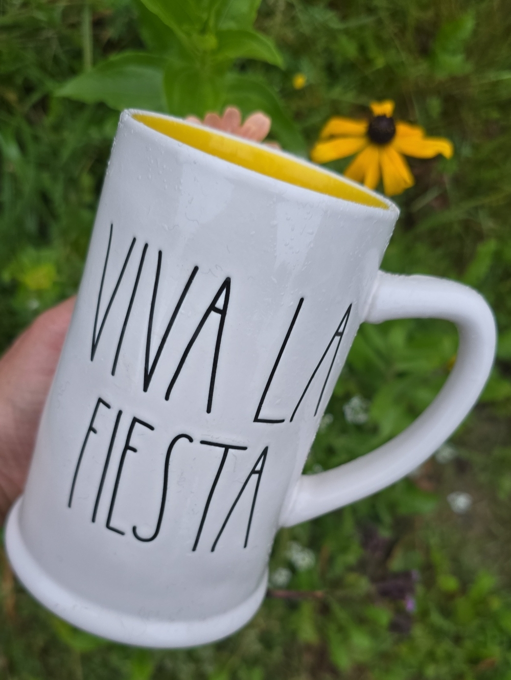 Rae Dunn Tall White and Yellow 'Viva La Fiesta' Ceramic Tankard Mug NEW